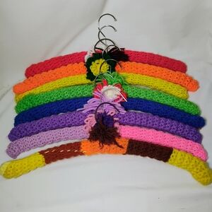 Vintage 60s/70s Crochet Covered Hangers Set Of 8 W/ Flower Baubles